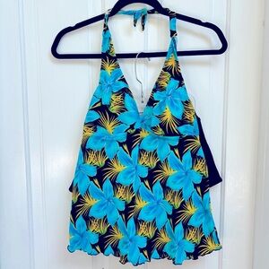 TROPICAL PRINT BLUE AND BLACK HALTER TANKINI SWIMSUIT TOP WOMENS SIZE MEDIUM